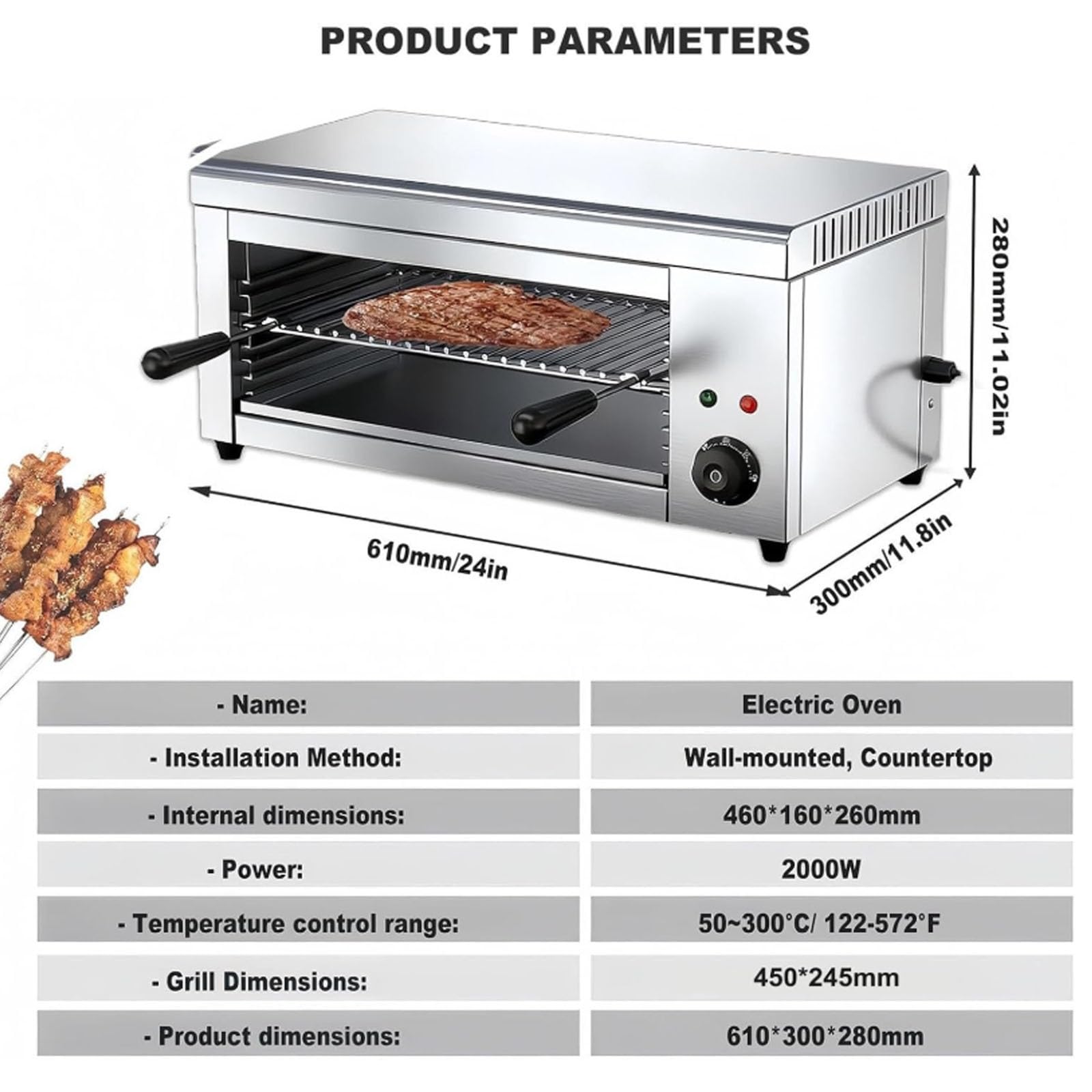 Asador eléctrico for salamandra, horno salamandra comercial de 2000 W, derretimiento de queso eléctrico con temperatura ajustable de 122-572 °F y asador for carne de acero