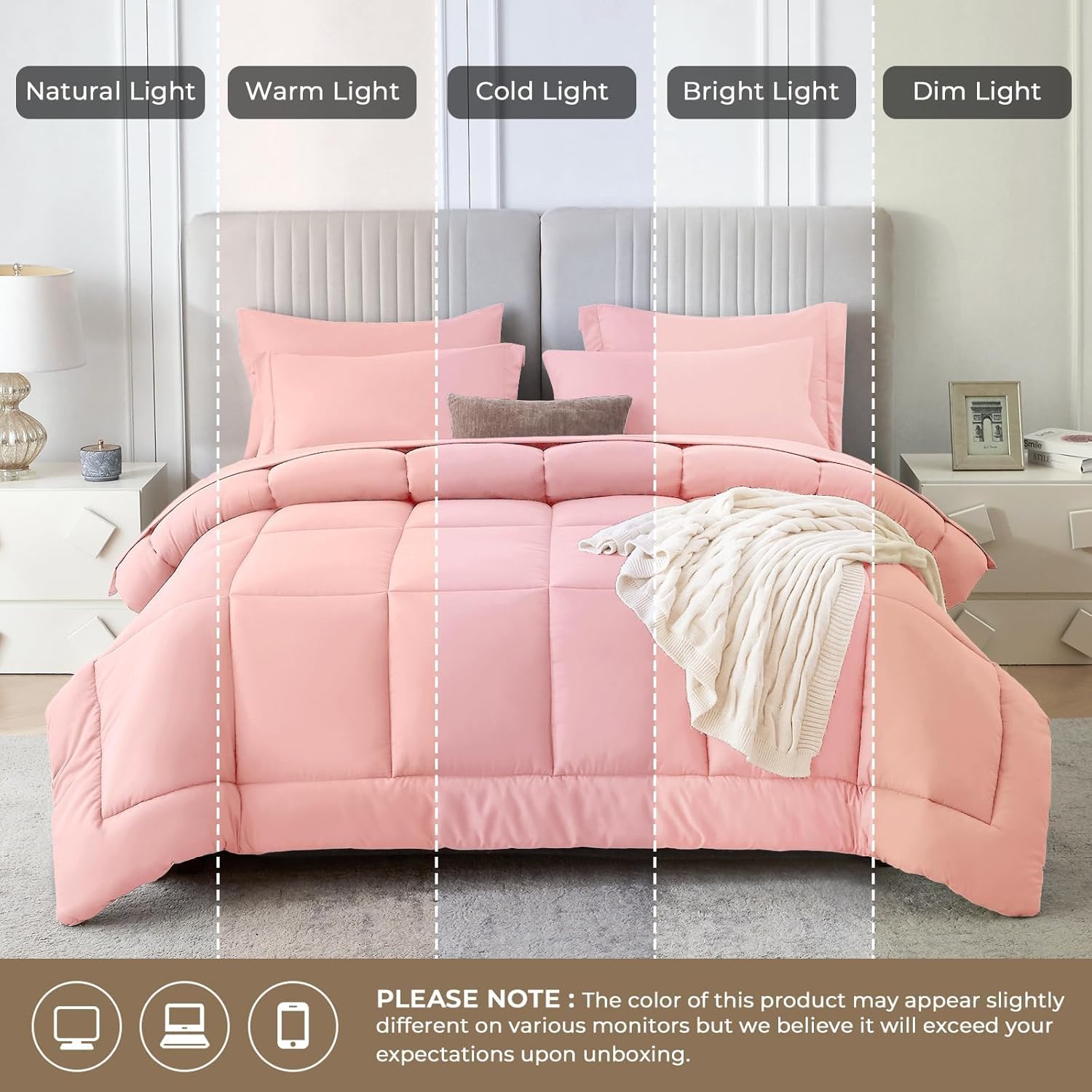 Sasttie Twin XL Comforter Set, 5 Pieces Twin XL Bed in a Bag, Complete Bedding Set Includes Comforter, Flat Sheet, Fitted Sheet, Pillowcase and Pillow Sham, Pink