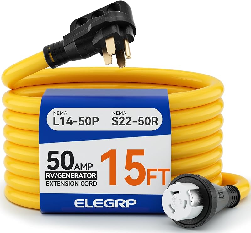 Cable de extensión para autocaravana con generador de 50 amperios 15 pies, 4 clavijas NEMA 14-50P a NEMA SS2-50R Twist Lock, cable de alimentación de bloqueo STW de calibre 6/3+8/1 para autocaravana/generador/casa, compatible con el estándar UL