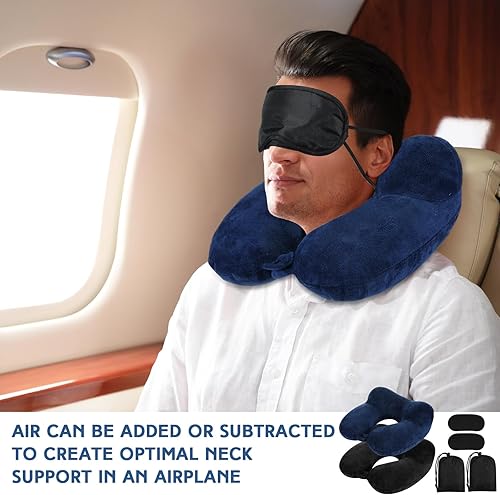 Vista 63 de Sintuff 2 almohadas inflables de viaje con bolsa compacta y terciopelo con los ojos vendados, almohada inflable para el cuello del avión, cojín Gris