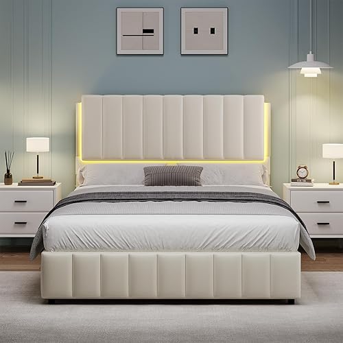 Base de cama tamaño matrimonial con luces LED, plataforma tapizada de piel sintética con cabecera y soporte de listones de madera, no necesita