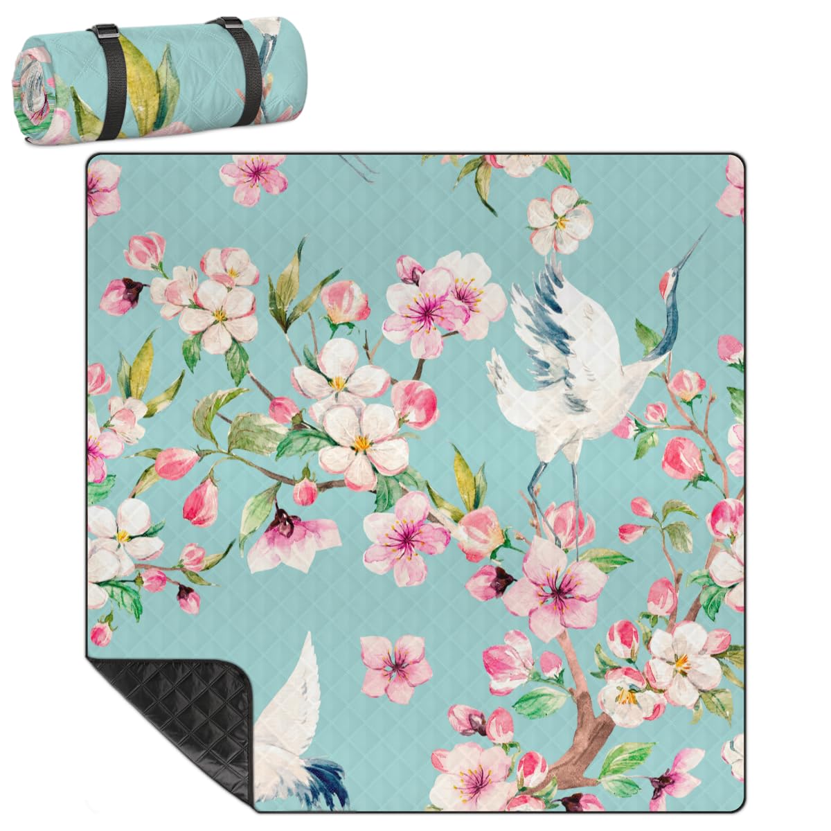 Shimoshe Extra Large Picnic Blankets 79”x 79”, Cherry Blossom Branch Crane Waterproof Foldable Picnic Mat with Straps Portable Beach Blanket for Camping Park Grass Beach Indoor