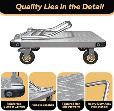 4-Wheel Heavy Duty Trolley 1000 kg Capacity, Platform Trolley with 20 cm Braked Wheels Large Flatbed for Moving Furniture, Appliances & Warehouse Gear, Folds for Compact Garage Storage