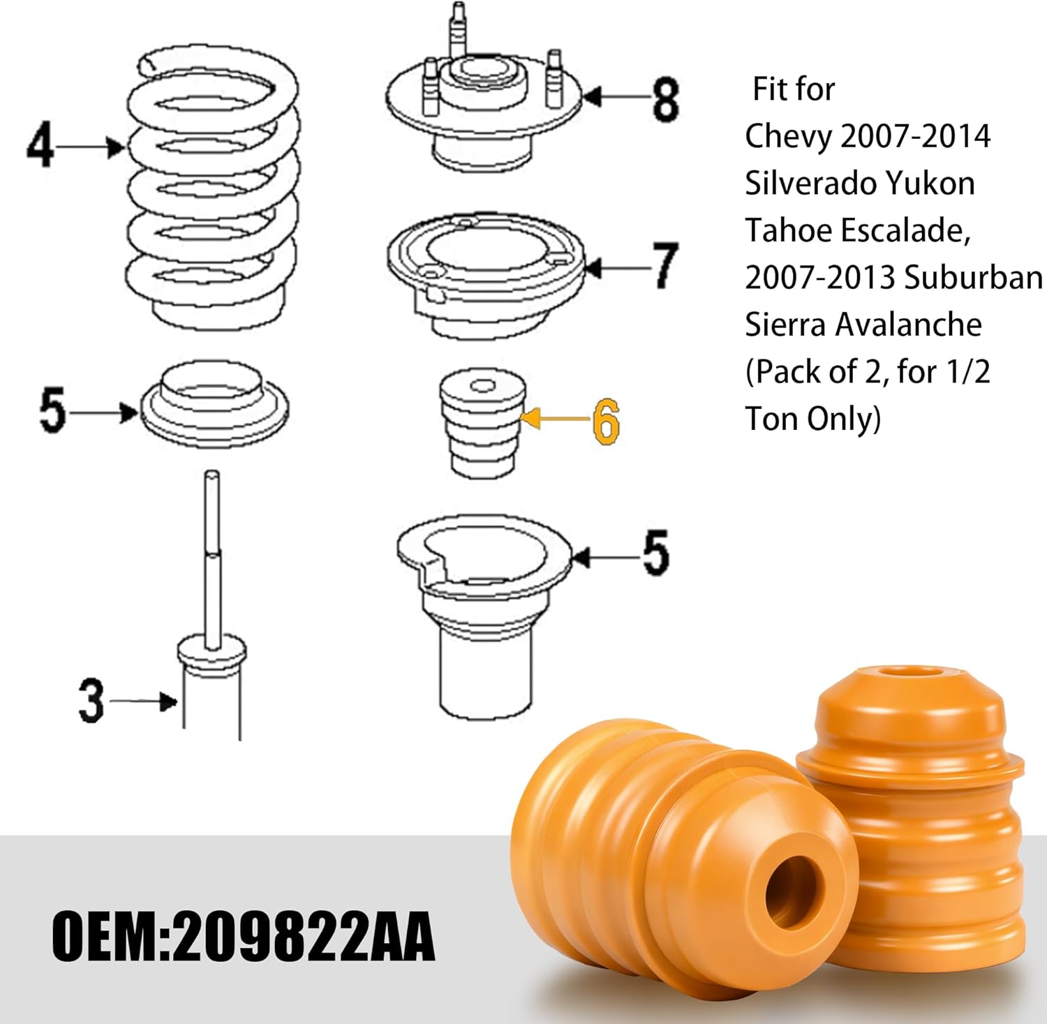 Front Bump Stops, Suspension Strut Bumpers Compatible with Chevy 2007-2014 Silverado Tahoe Yukon Escalade, 2007-2013 Suburban Sierra Avalanche (Pack of 2)