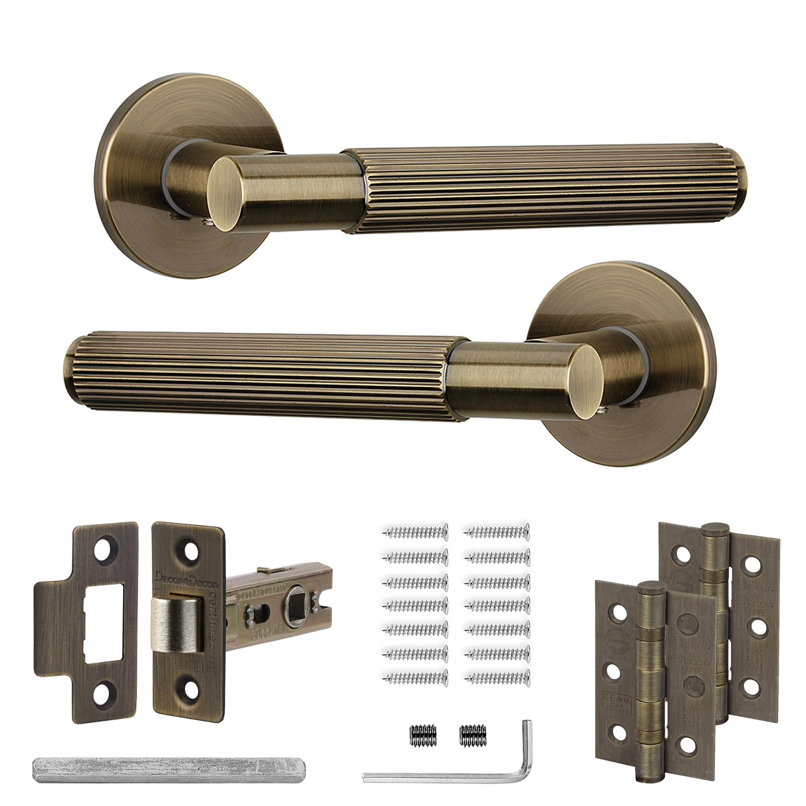 Decoranddecor Hera Antique Brass Internal Door Handles - Aluminium Handle Sets with Fire-Rated Tubular Latch and Hinge - Elegant and Durable Design for Wooden Interior Doors in Homes and Offices