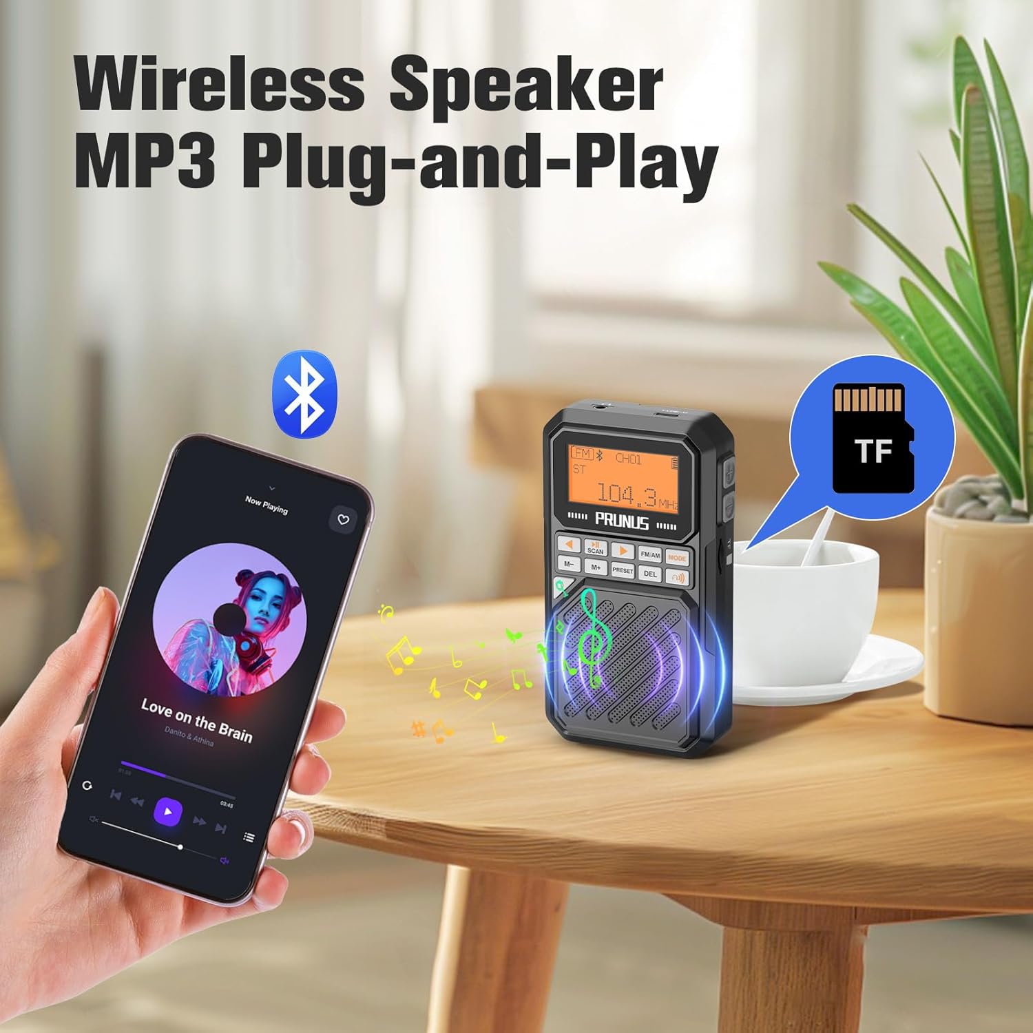 PRUNUS J525 Portable Radio AM FM with Bluetooth Earphone Output & Bluetooth Speaker Mode, Preset, 2500mAh Rechargeable, Micro SD Playback with Shuffle & Sequential Play, Headphone Jack, Sleep Timer