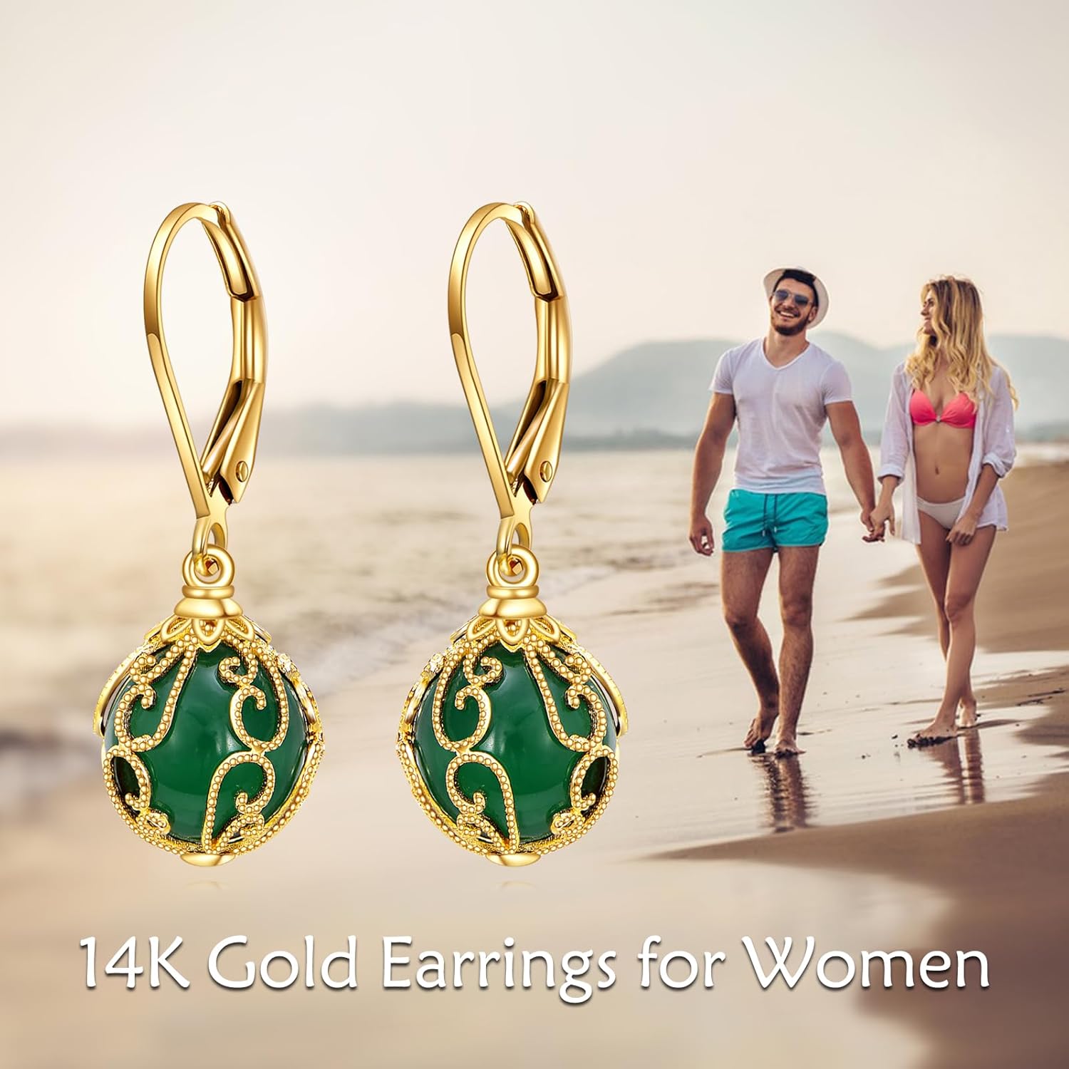 14K Gold Filigree Green Round Dangle Drop Earrings for Women, Austrian Crystal Leverback Jewelry Gifts - Image 6