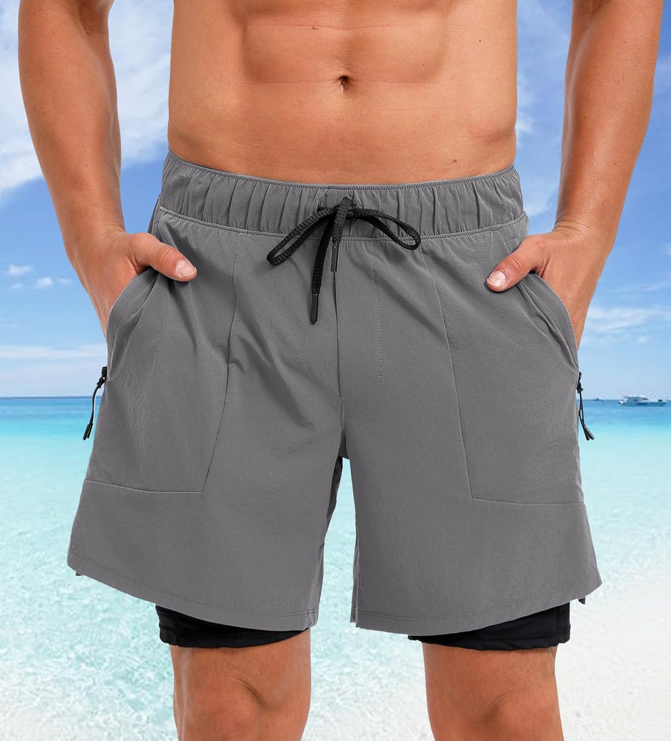 ECUPPER Mens Swim Trunks with Compression Liner Board Shorts with Zipper Pockets Quick Dry Swimwear Beach Bathing Swimsuit - Image 2