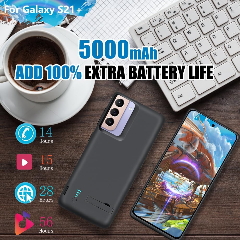 New Battery Case for Samsung Galaxy S21+ 5G, 5000mAh Rechargeable Extended Battery Charging Charger Case (6.7 Inches) Black