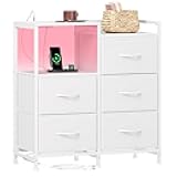 Somdot White Nightstand with Charging Station and LED Light, Wide 5 Drawers Dresser for Bedroom with Fabric Bins and Open Shelf for Bedroom Kids Closet Dorm Guest Room, White Leather