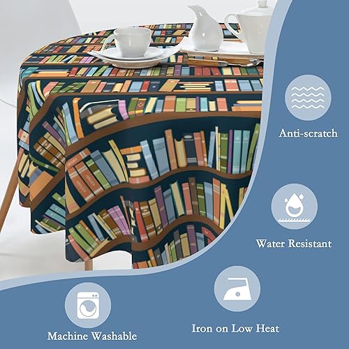 Miniatura 4 de Mantel redondo de libro de 60 pulgadas, para estanterías, mantel circular, lavable, resistente al calor, para cocina, comedor, vacaciones