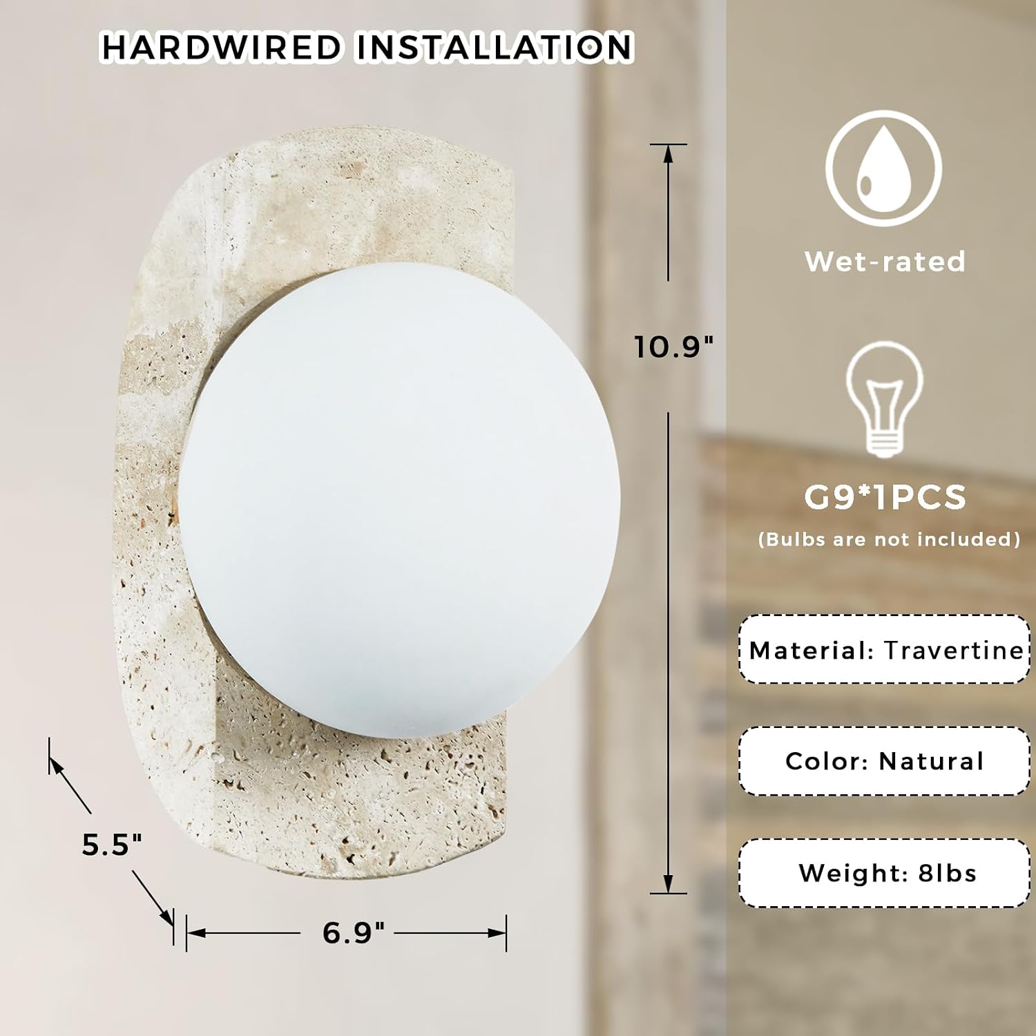 11" Crescent Travertine Wall Lamp, Japanese Style Wabi-Sabi Art Lighting Fixture, Stone Wall Sconce with Opaline Glass Globe Shade, Modern Bedside Sconce for Hallway, Bedroom, Living Room