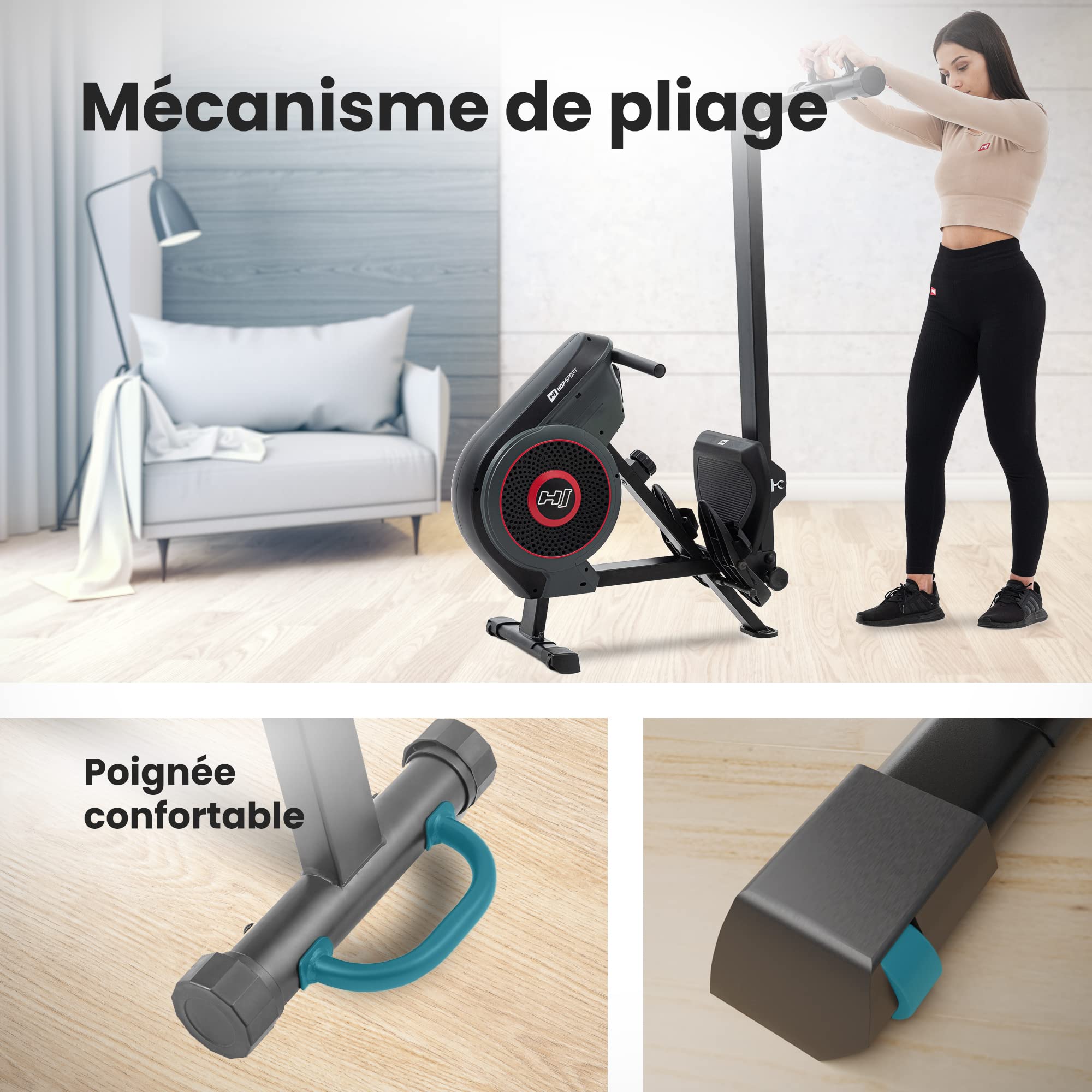 Hop-Sport Rameur D'appartement HS-060R Cross, Roue D'inertie 9 Kg, Rameurs D 'appartement Avec Écran LCD & Système De Freinage Magnétique Silencieux à 8 Niveaux, Max. 120 Kg, Bleu