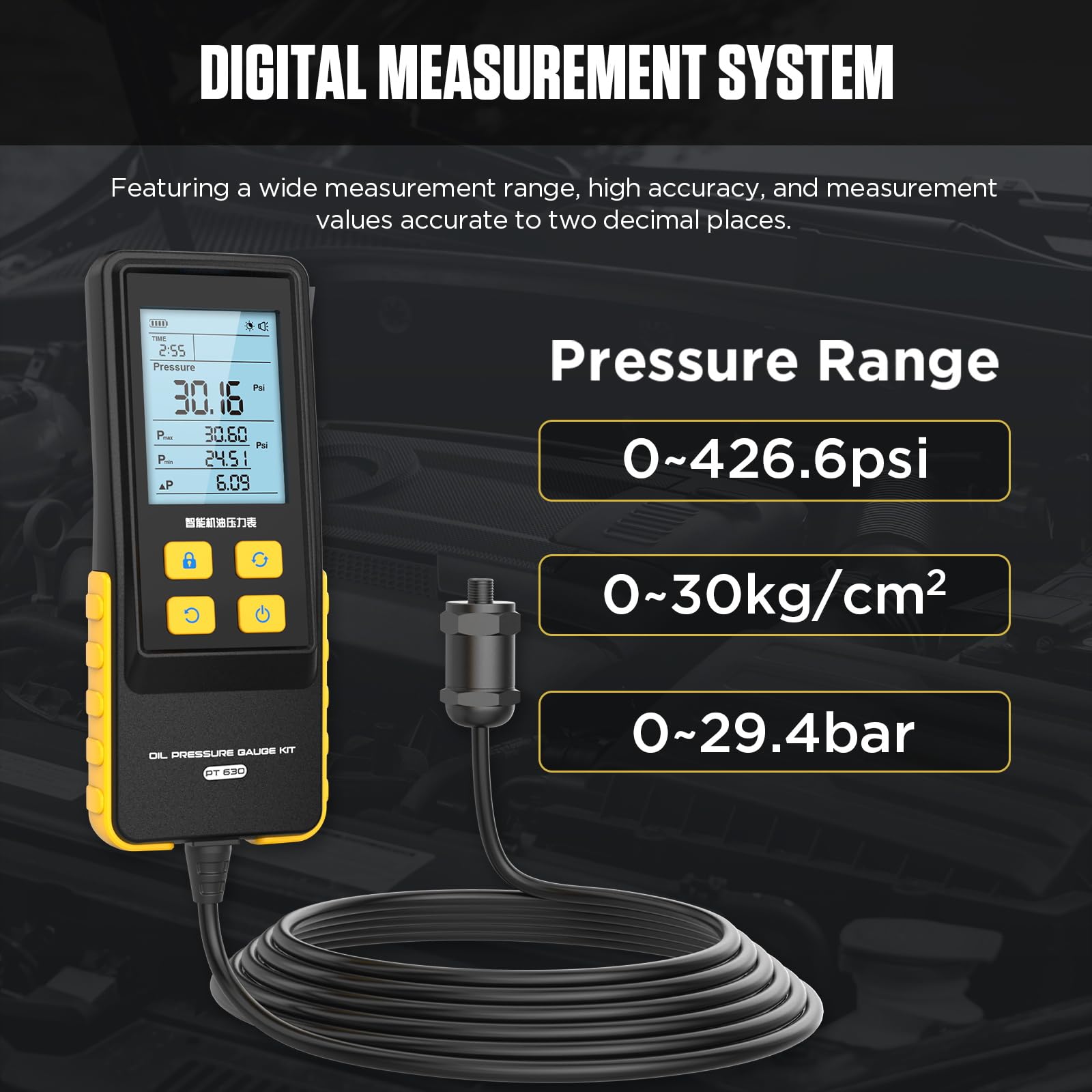 PT630 Digitaler Kraftstoffdruckprüfer Test-Kit, 0-29 Bar (0-426 PSI), 2.8" HD LCD Display, Mehrere Einheiten (PSI/Bar/kg/cm²), 11 Adapter, für Benzin Diesel Kfz