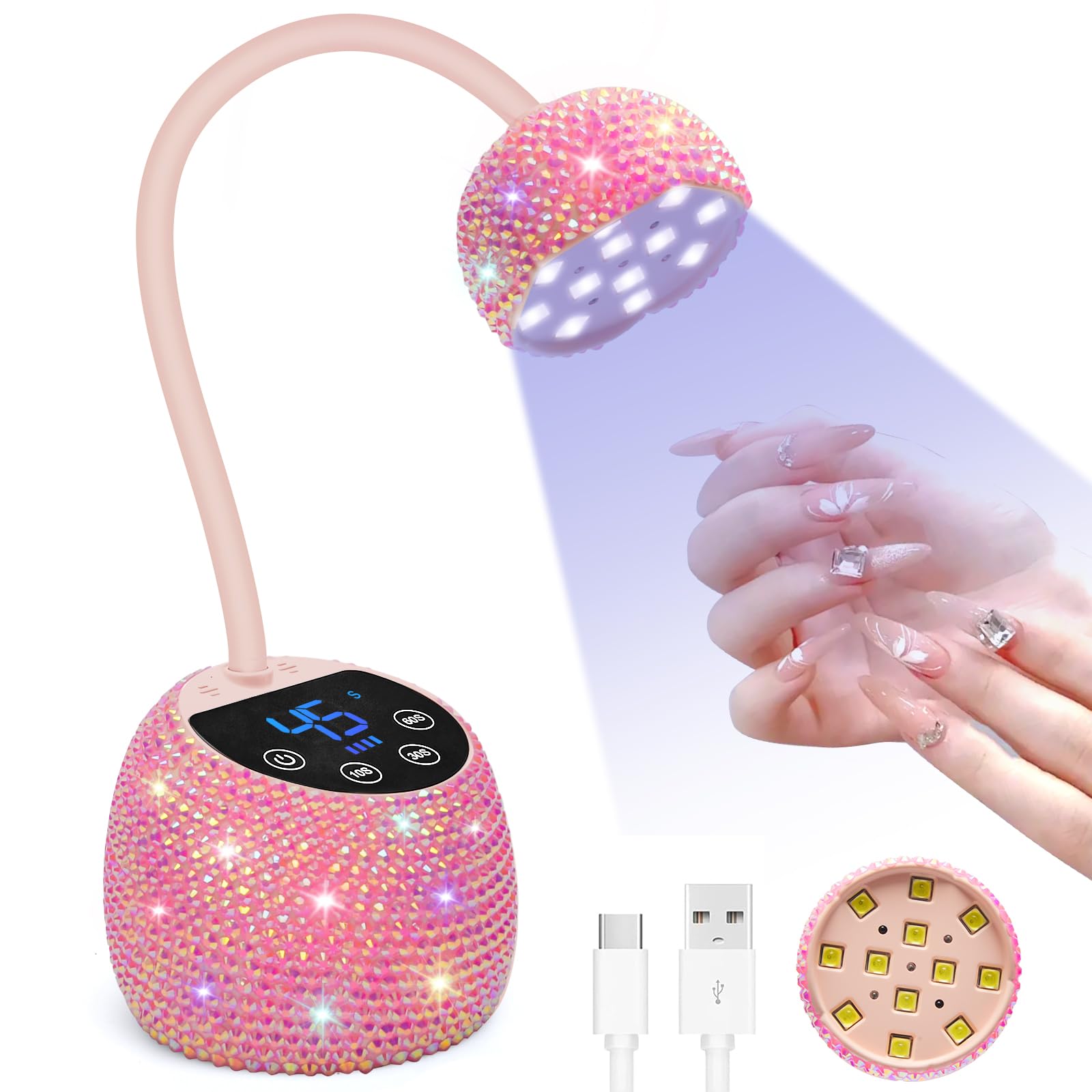 Lampada UV per unghie, portatile, ricaricabile, con batteria da 2000 mAh, design a collo d'oca, 2 timer per unghie in gel, ideale per salone o fai da te