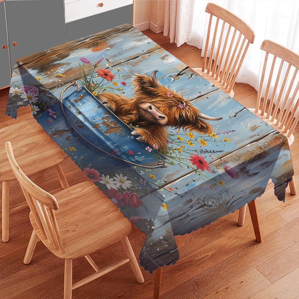Rustic Cow Waterproof Tablecloth for Dining Table, Colorful Rustic Flowers Nature Animal Rectangle Table Cloth Wrinkle Free Table Cover Tabletop Decoration 55Wx86L Inch