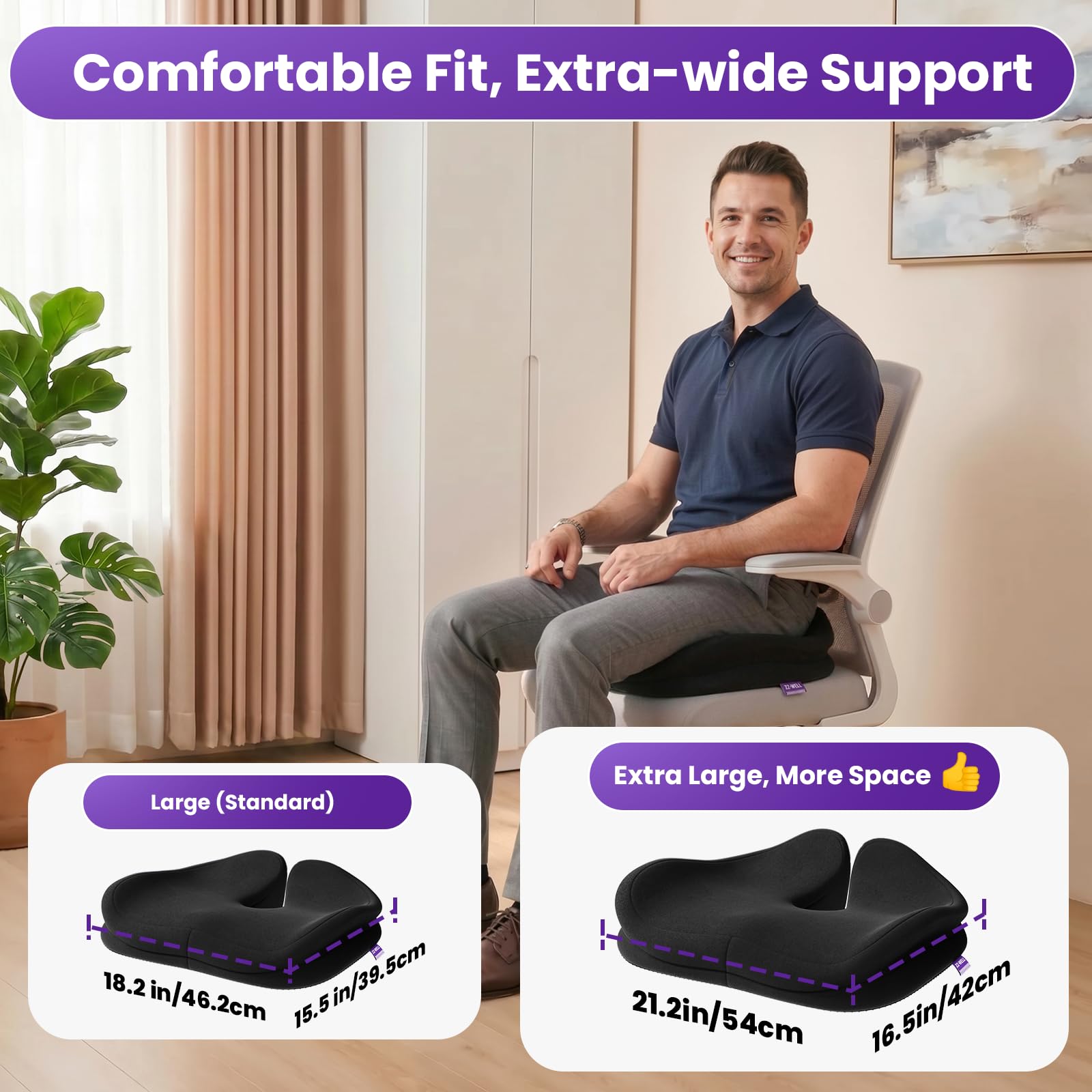 ZZ-WELL Cojín de asiento para silla de oficina, cojín de espuma viscoelástica de tamaño grande para sentarse durante mucho tiempo (negro)