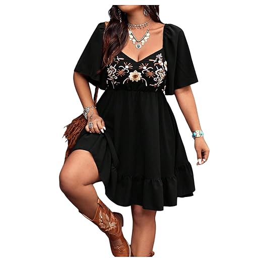 Women's Plus Size Western Dress Floral Embroidered Cowgirl Outfits Country Mini Flowy Boho Fall Dress