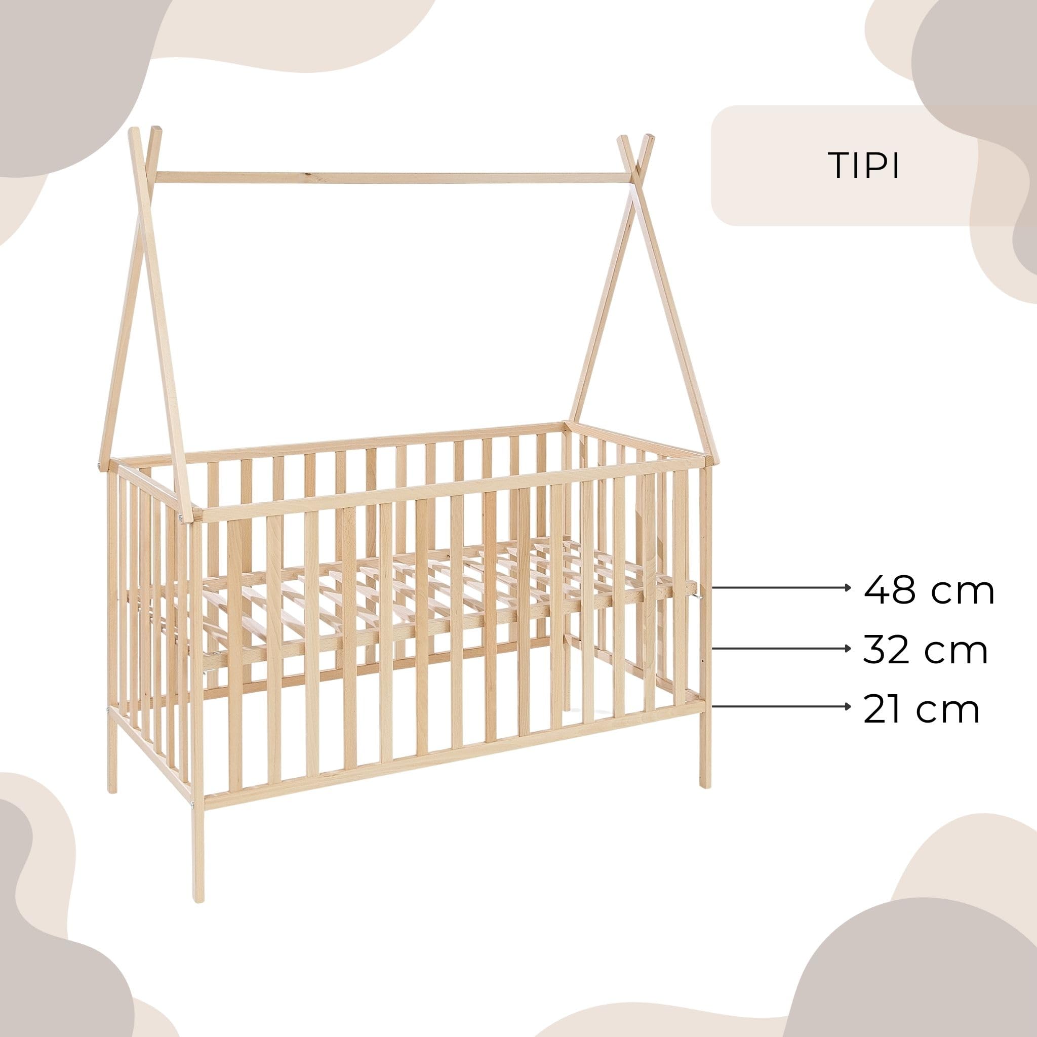 ATB - Lit Bébé Evolutif 120x60 - Convertible Bois Naturel - Design Enfant - Tipi - 60x120 Dimension - Lits pour Chambre Enfant - Mobilier