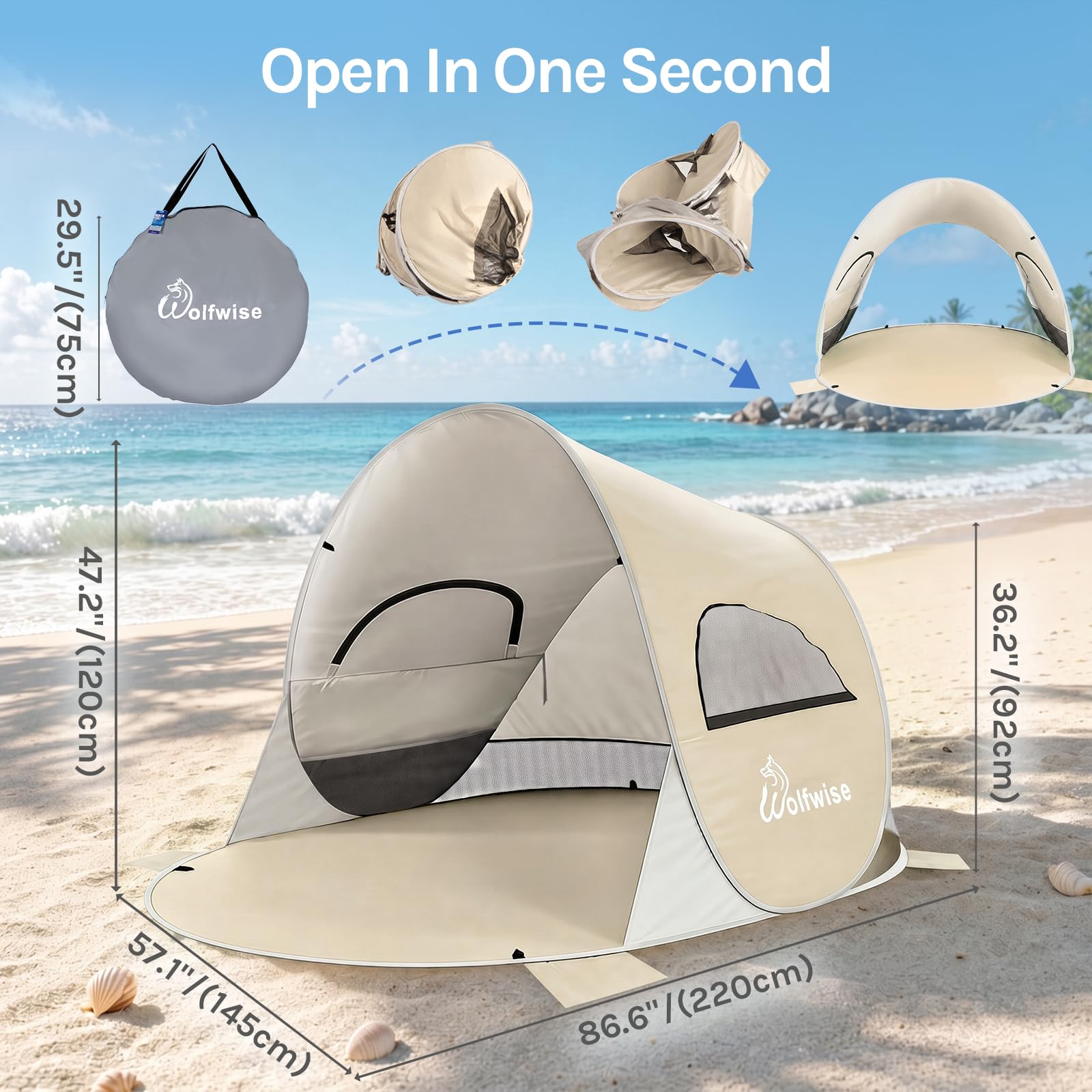 Wolfwise Pop Up namiot plażowy, natychmiastowy montaż, ochrona UPF 50+, odporna na działanie promieni UV, wodoodporna, wentylowana, odporna na rozerwanie, z kieszeniami na piasek, dla 3-4 osób, 220 x