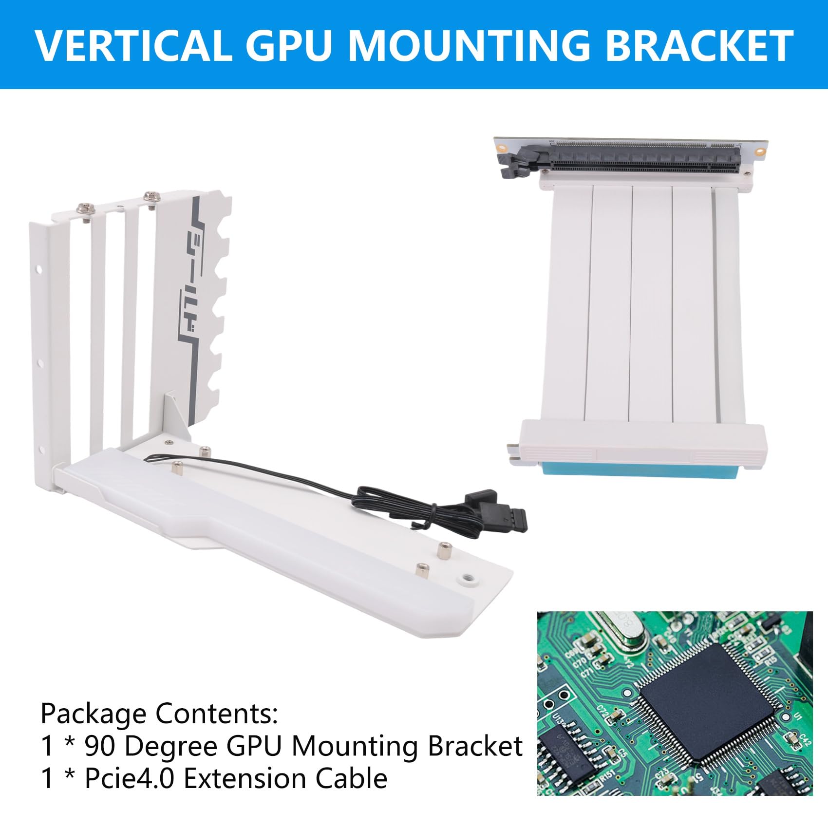 Pionowy uchwyt montażowy GPU z kablem PCI-E 4.0 X16, kabel riser, zestaw obsługi karty graficznej, kąt prosty 90 stopni, biały