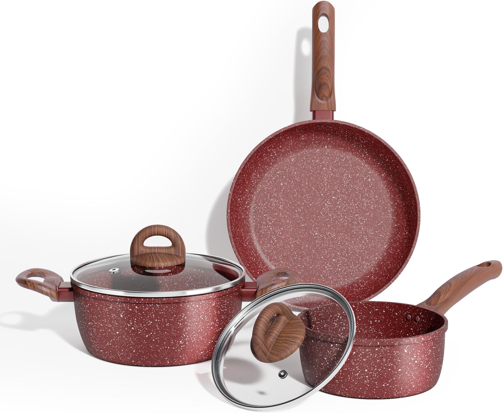 Meythway Pots and Pans Set Ultra Nonstick, 5 Pieces Kitchen Cookware Sets, Non Toxic Pots and Pans for Father's Day Gifts, Gas/Induction Compatible, 100% PFOA Free, Red