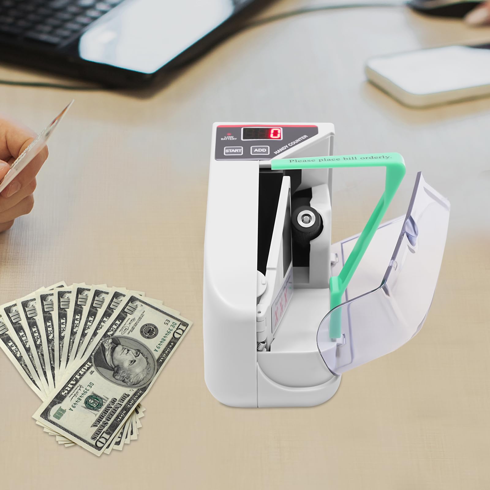 Compteur de billets portable 600 billets par minute, compteur de billets avec fonction batterie ADD et écran LED, double alimentation (adaptateur/batterie), pour plusieurs devises, blanc