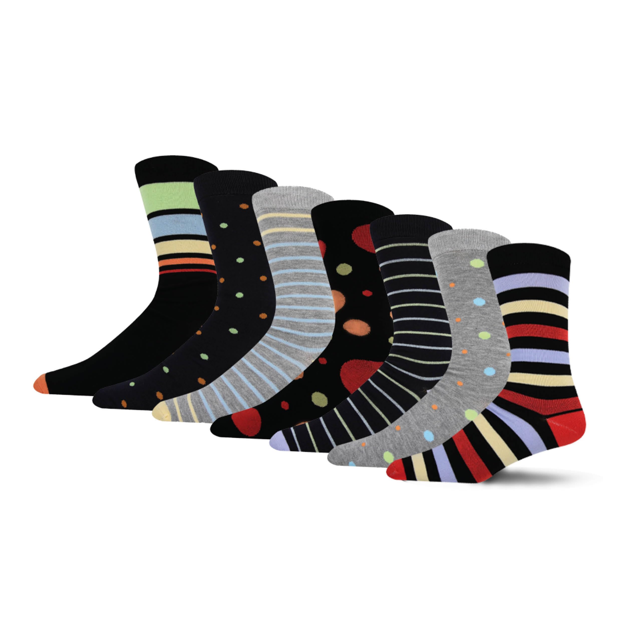 Bargain Bundle Men's Black/Navy/Grey Spots & Stripes Bamboo Patterned Crew Socks For - Size 7-11 - Multipack, 7 Pairs ()