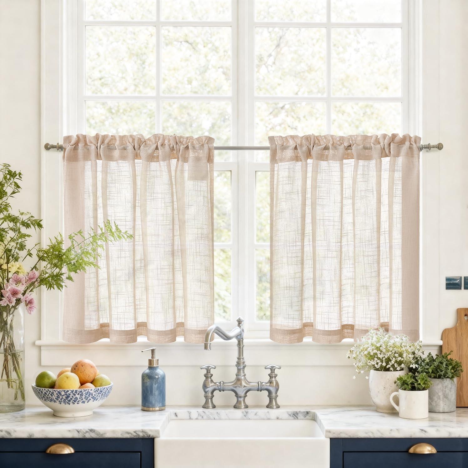 Vangao Voile Scheibengardinen Küche Bistrogardine 2er Set 90B x 60H cm Landhausstil Taupe Gardinen Kurz mit Stangendurchzug Modern Fenstergardinen Halbtransparent Kurzstores für Wohnzimmer Wohnwagen