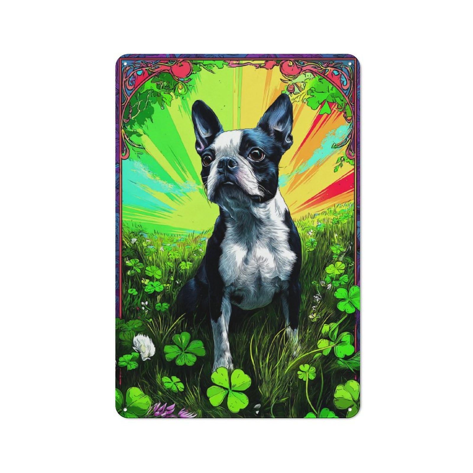 Warehouse Style Tin Wall Sign 30x20cm Featuring Vibrant Boston Terrier in Clover Field, Loft Wall Plaque for Loft, Studio, Office Or Creative Room