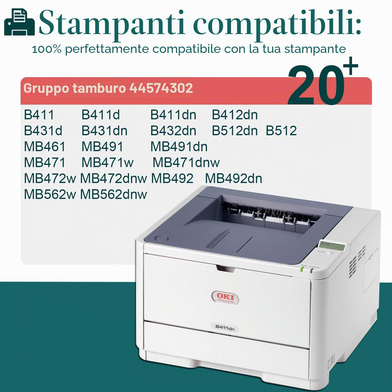 Gruppo tamburo compatibile per OKI B411 B412 nero alta resa: 30000 pagine | Compatibile con stampanti OKI serie B411 B412 B431 B432 MB461 MB471 MB472 MB491 MB492 MB512 MB562 44574302