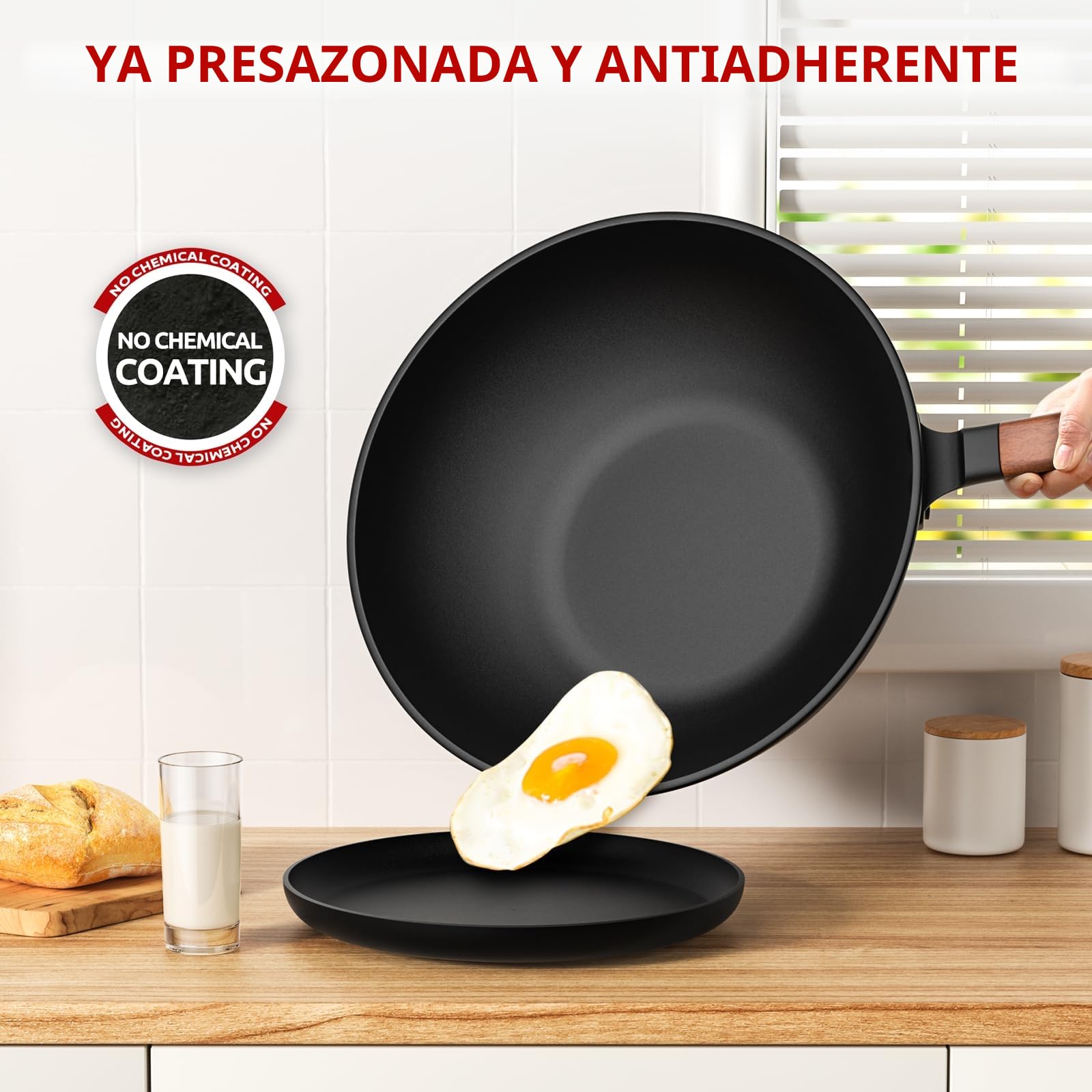 Jobin 33cm/5,6L Wok de Acero al Carbono Sartenes Antiadherentes con Tapa - Sin Recubrimiento Químico - Puede Cocinar Platos Asiáticos para 4-6 Personas - Apto Para Todas las Cocinas
