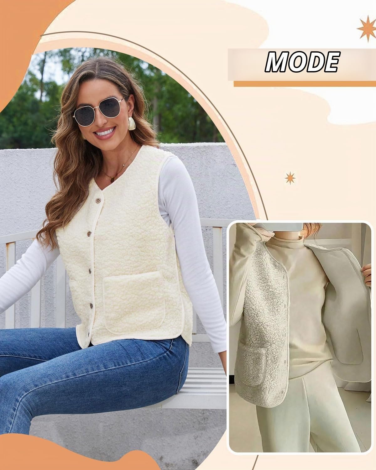 1 gilet en polaire pour femme, gilet sans manches léger et chaud pour l'automne/hiver, veste en fourrure légère pour femme, couleur unie, col en V, avec poches, blanc cassé, taille L