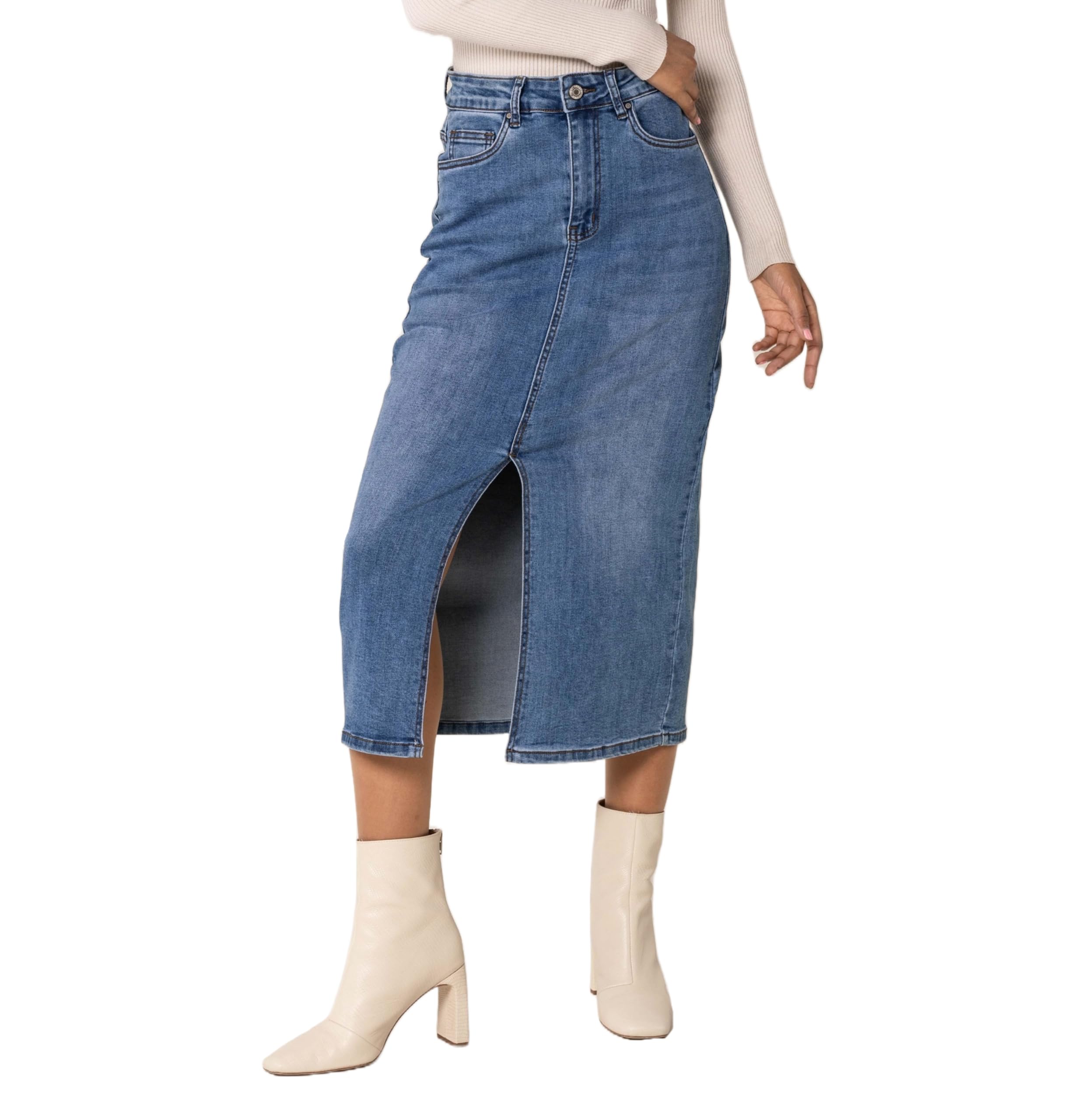 Nina Carter P215 Damen Jeansrock High Waist – Langer Stretch-Rock mit Schlitz vorne, Used Look, Wadenlang mit Reißverschluss