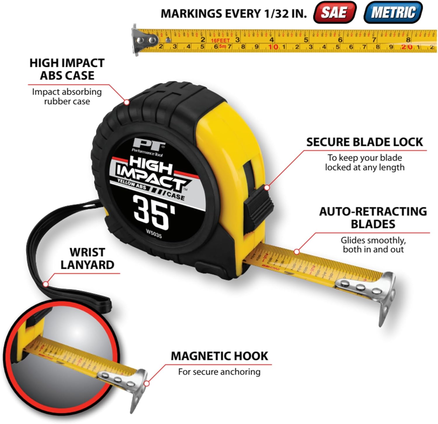 Performance Tool W5035 35-Foot 1-Inch Tape measure, Yellow