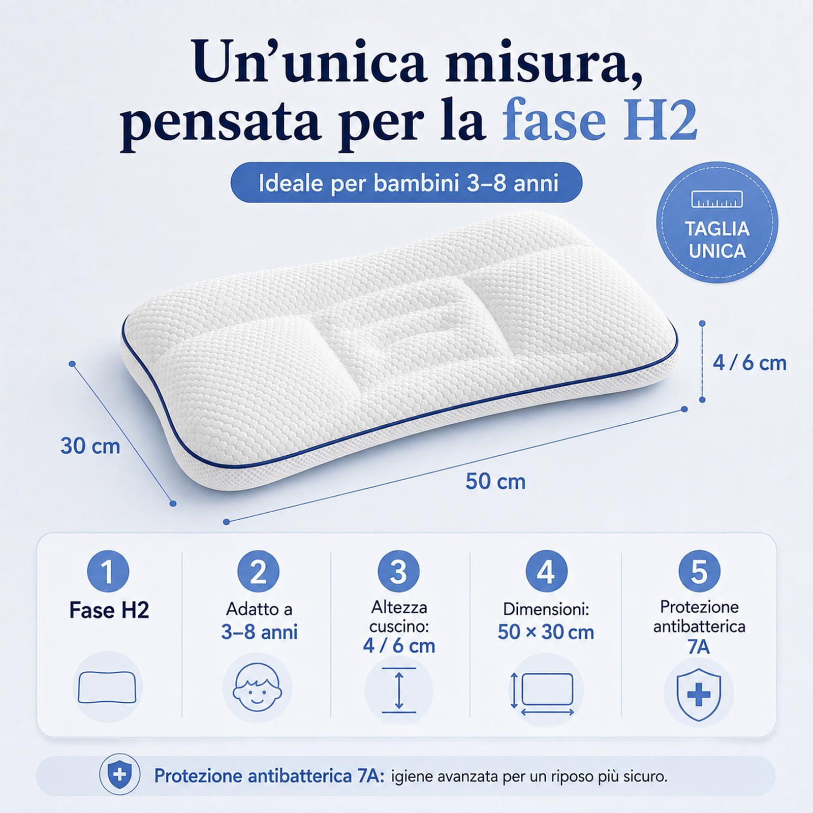 Sereniakids Cuscino Bambini Ergonomico 1-16 Anni 4/6cm 7A Antibatterico | Supporto Morbido Per Testa E Collo, Design Traspirante Per Un Sonno Confortevole Durante La Crescita Dei Bambini