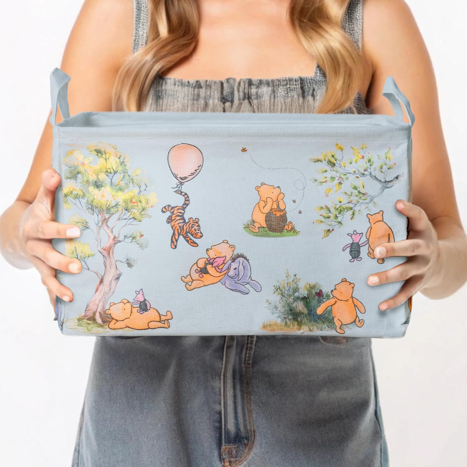 Sweet Baby Co. Classic Winnie Pooh Storage Nursery Basket With Hard Bottom Large Square Canvas Cotton Laundry Hamper Bin Waterproof Foldable Bathroom and Bedroom Stuff Clothes Toys Baby Vintage Decor
