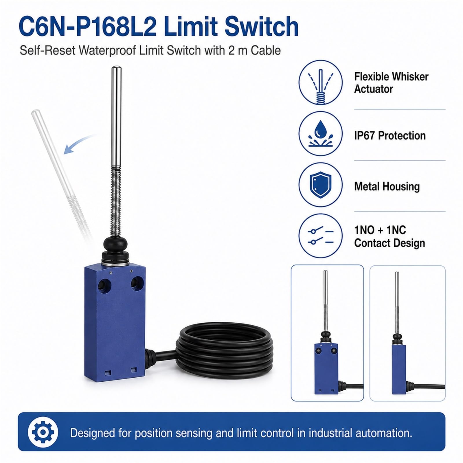 Wyłącznik Krańcowy Wodoszczelny C6N-P168L2 Samopowrotny Kabel 2m Przełącznik Krańcowy 250V 6A 1NO 1NC Hermetyczny Czujnik Położenia do Maszyn i Automatyki(C6N-P168L2)