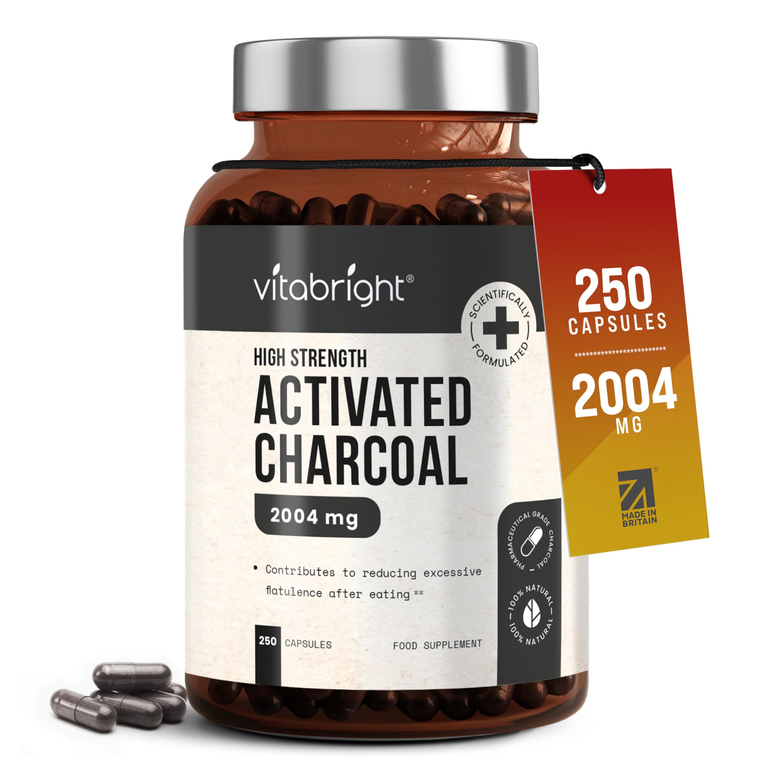 VitaBright Activated Charcoal Tablets for Stomach Wind | 2004mg | 250 Capsules | Activated Charcoal Powder in Easy-Open Veggie Capsules | Debloating Tablets - Reduce Flatulence
