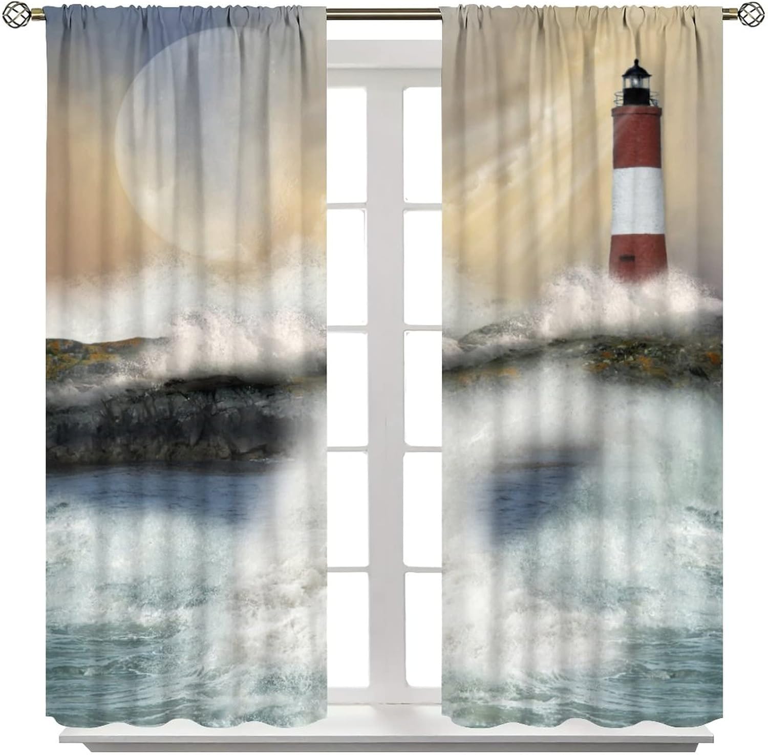 Lighthouse Curtains, Stormy Sea Splash Wave Moon and Lighthouse Oil Painting Style Art, Living Room Bedroom Blackout Noise Reduction Decorative Curtains Set of 2, 42 X 54 in. Ivory Blue