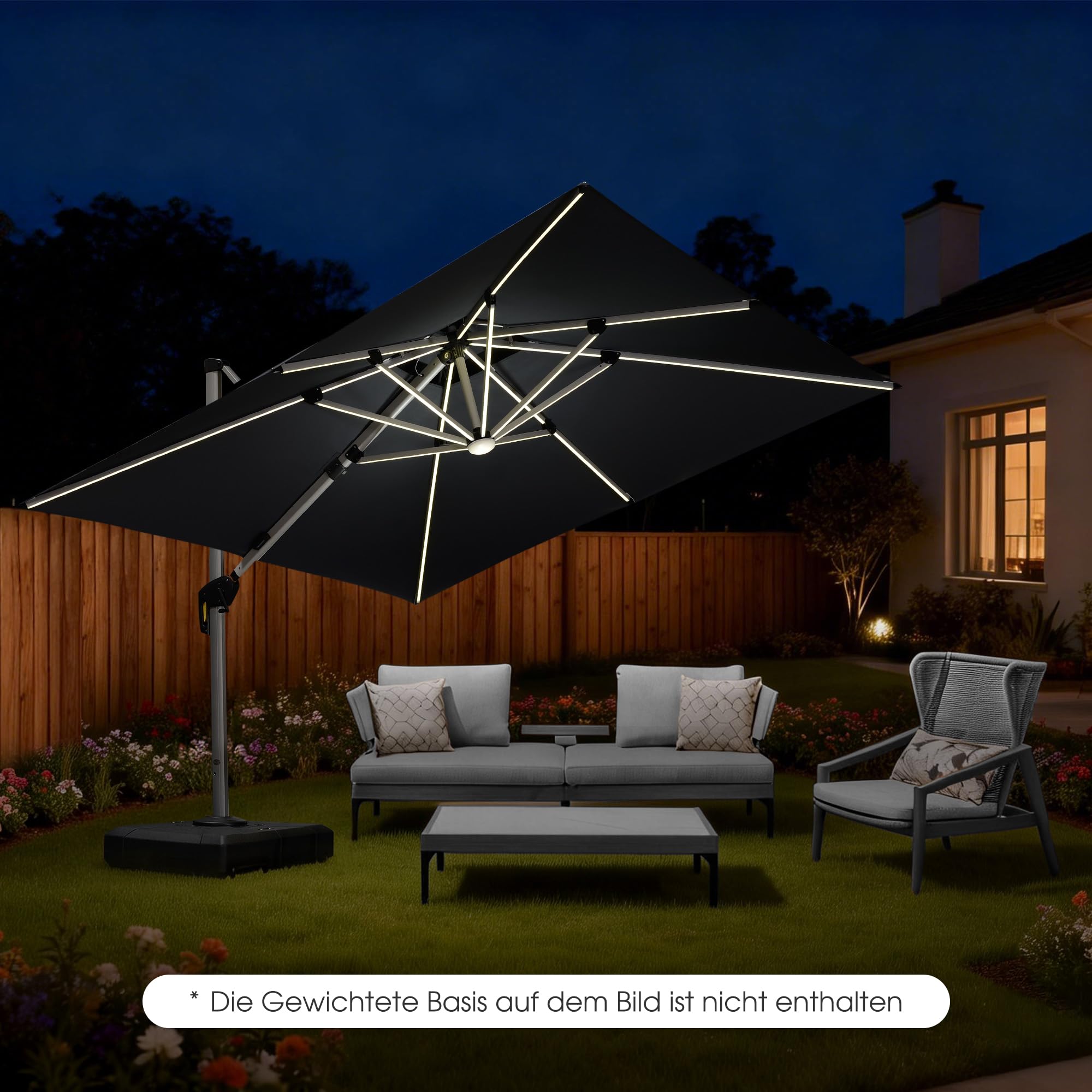 PURPLE LEAF Sonnenschirm mit LED Solar Beleuchtung Ampelschirm 300 x 300 cm Marktschirm Groß 360°Rotation, Gartenschirm mit Kurbel, Balkonschirm XXL, Sonnenschutz UV50+, Grau
