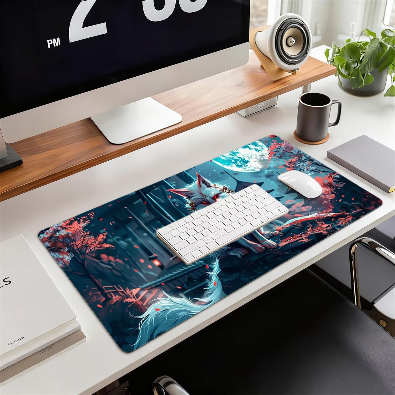 Podkładka pod mysz XXL lis 1600 x 800 x 3 mm antypoślizgowa gumowa podkładka pod mysz dla graczy księżyc dokładność kompatybilna z wszystkimi myszami, miękka powłoka wodoodporna ochrona biurowa do