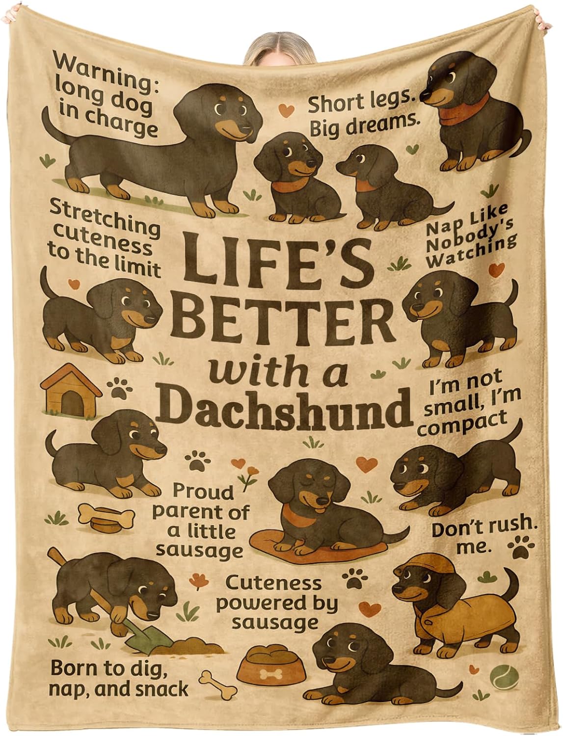 Dachshund Throw Blanket Gift, Cute Doxie Wiener Dog, Dog Lover Present for Women and Men, Cozy Couch Bed Travel Decor, Birthday Christmas Mother's Day Housewarming, 50'' x 60''