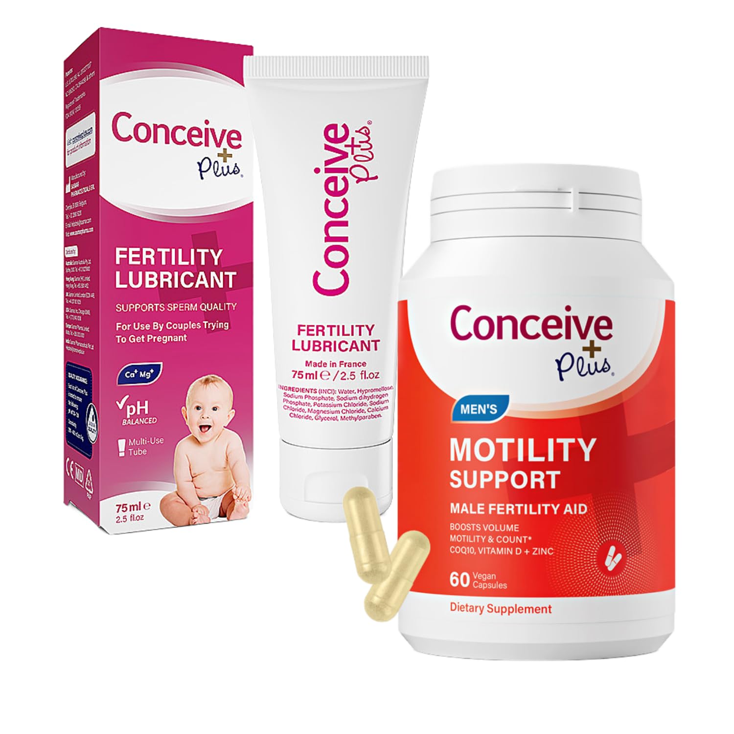 CONCEIVE PLUSFertility Lubricant 2.5 Ounce & Motility Support Supplement for Men Trying to Conceive 60 Caps Bundle