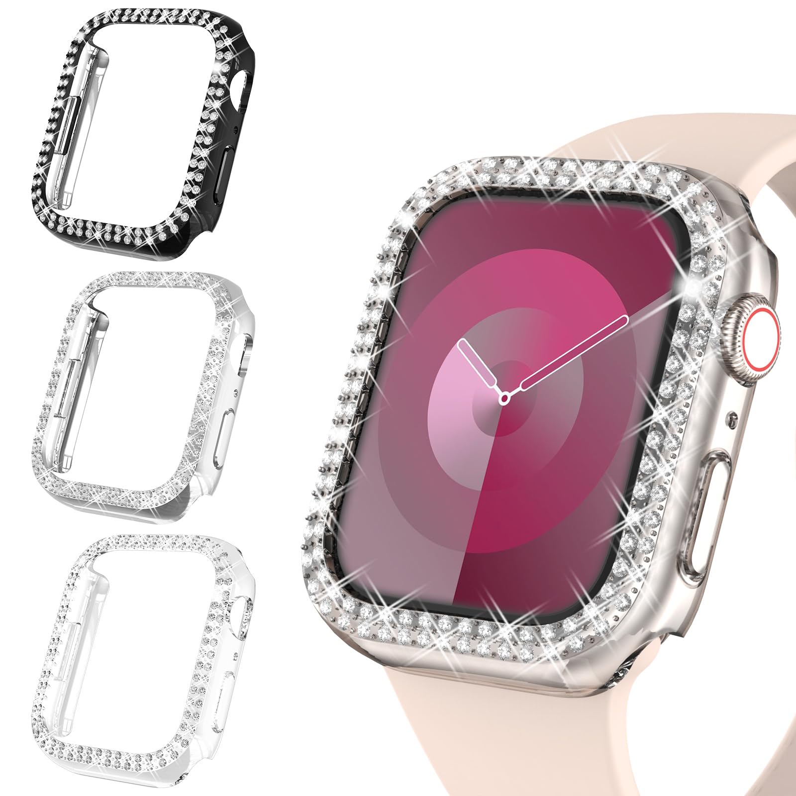 WINGLE Compatible with Apple Watch Screen Protector 44mm SE 3 2 1/ Series 6 5 4, Women Shiny Diamond Cover with Tempered Glass Screen Protector for Apple Watch Case 44mm,Clear — view 20