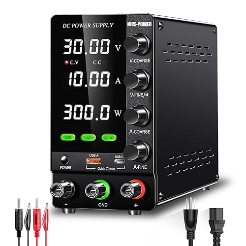 NICE-POWER Fuente de alimentación de CC variable 30V 10A, fuente de alimentación de banco de CC regulada ajustable con OCPOVPSalidacodificador18W