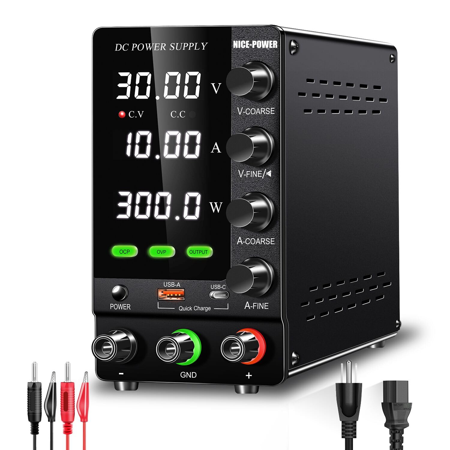 NICE-POWER DC Power Supply Variable 30V 10A, Adjustable Regulated DC Bench Power Supply with OCP/OVP/Output/Encoder/18W USB-A Type-C Fast Charge, Benchtop Lab Power Supplies with 4-Digit LED Display