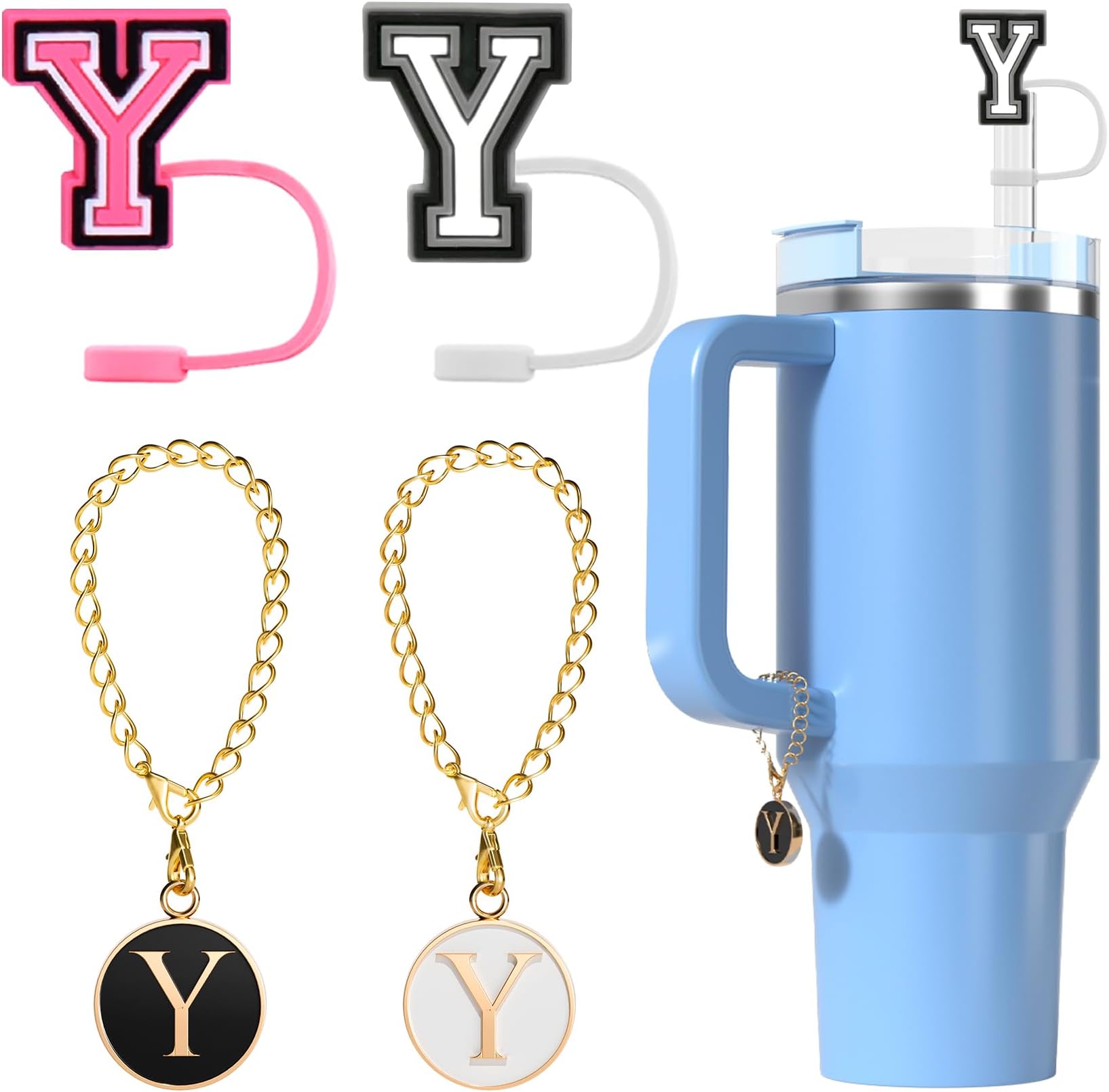 Utuichuo10 mm Straw Cover Cap for Stanley Cup 30 Oz 40 Oz Initial Straw Topper with 2 Pcs Letter Charm Name ID Accessories for Stanley Tumbler