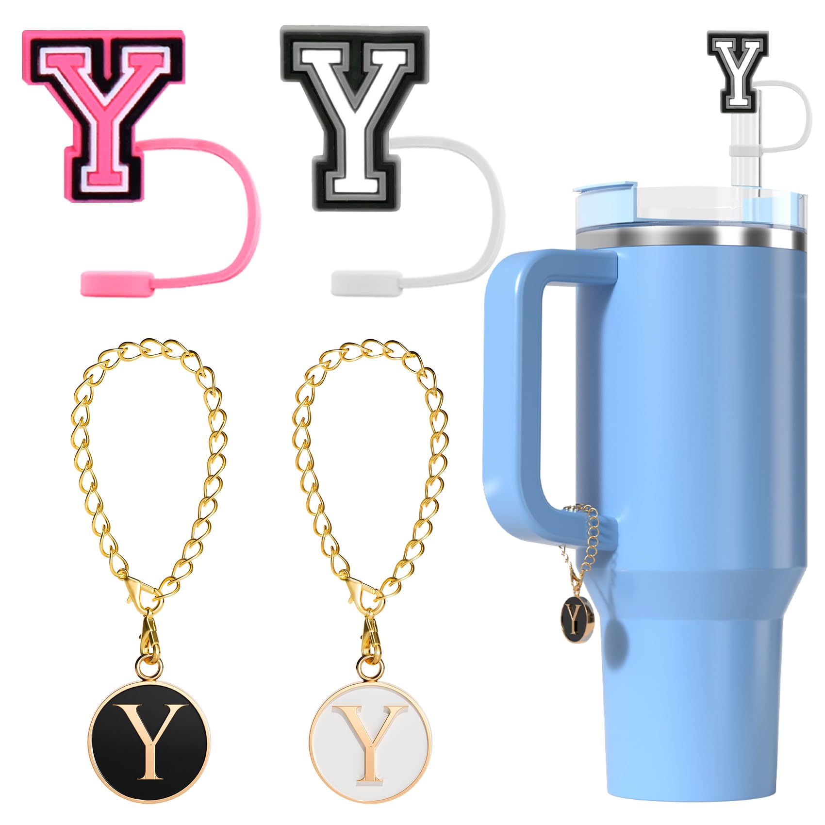 Utuichuo10 mm Straw Cover Cap for Stanley Cup 30 Oz 40 Oz Initial Straw Topper with 2 Pcs Letter Charm Name ID Accessories for Stanley Tumbler