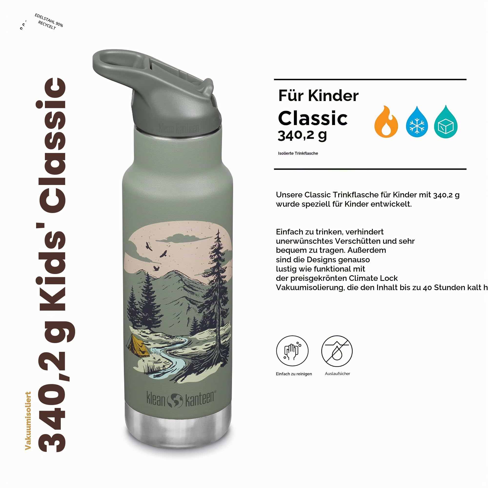Klean Kanteen Klassische Kinder-Wasserflasche mit Klappverschluss, Sportverschluss, 340 ml, Berglandschaft, Mountain Scape